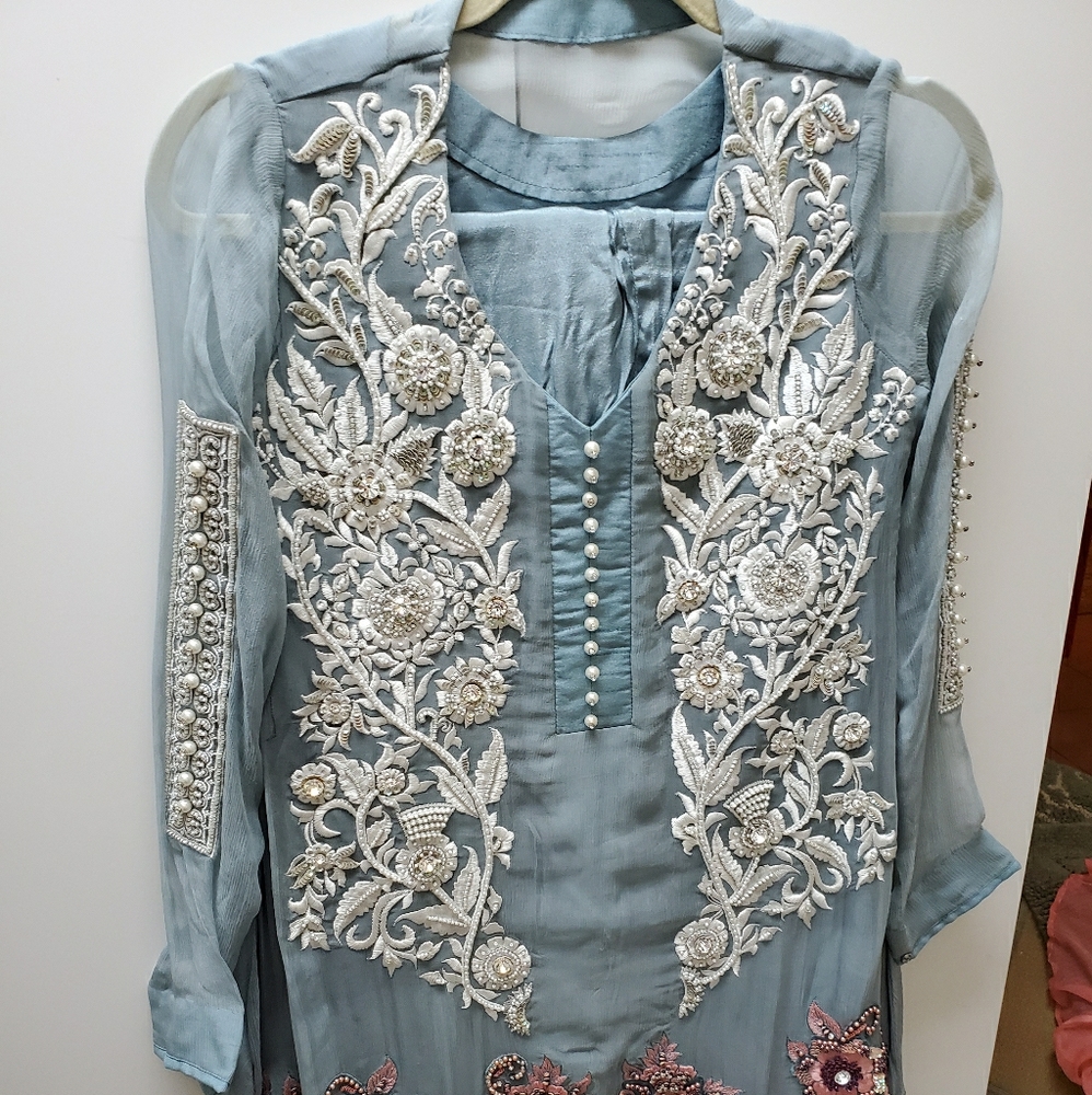 Embroidered 3 piece heavy Suit Set for Festive Wear - Beige - Free Size